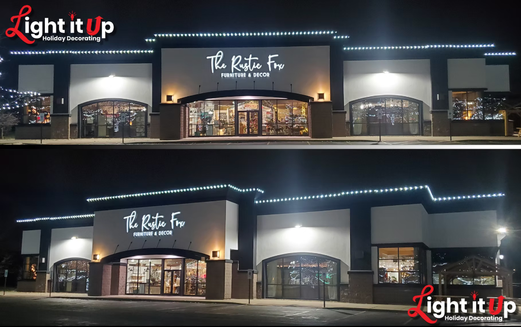 The Rustic Fox commercial storefront with white roofline Christmas lights