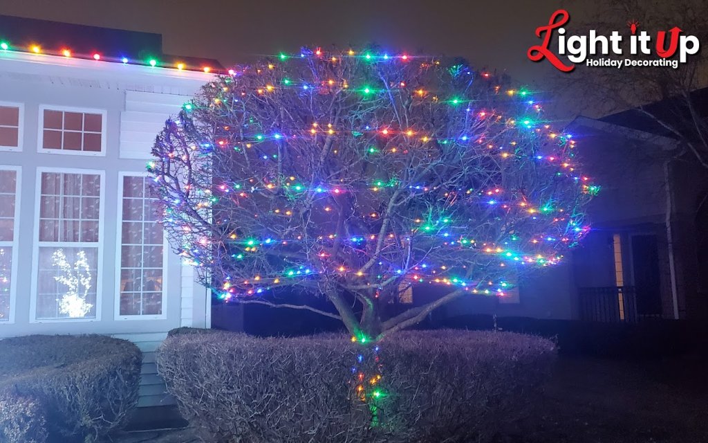 Multicolor outer wrapped tree with roofline lights
