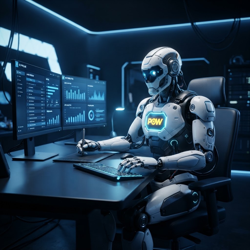 POW Super Agent robot working at a desk