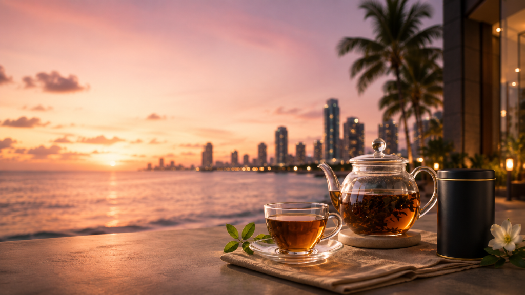 Glass teapot, tea cup and loose-leaf tea tin arranged on a Miami waterfront terrace at sunset for Sip Tea's Independent Hotel Show Miami page.