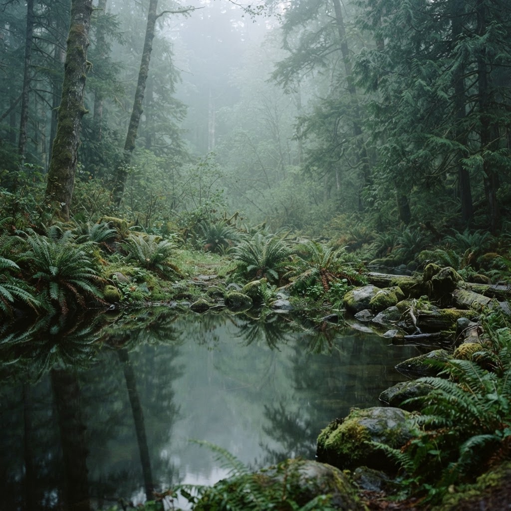 Soft morning mist rising over a still forest clearing with ferns and mossy stones in muted sage and forest green tones