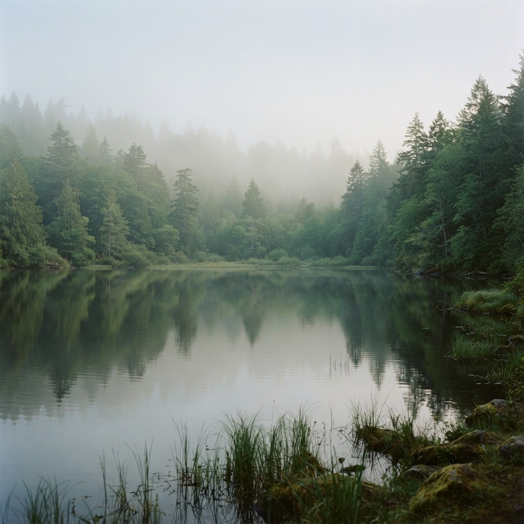 Soft morning mist rising over a still forest lake surrounded by sage-green ferns and tall trees, evoking calm and stillness