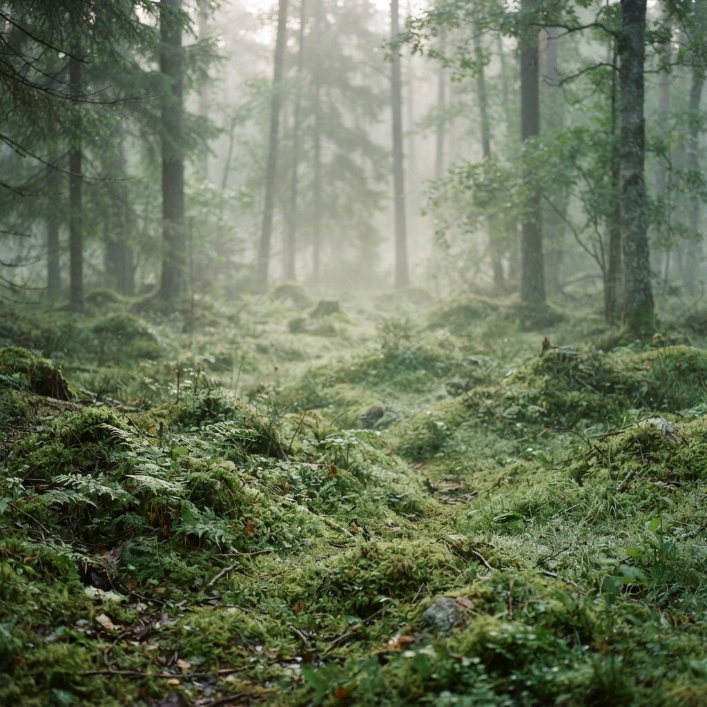 Soft morning mist drifting over a still forest floor carpeted in moss, lit by gentle diffused light through tall trees