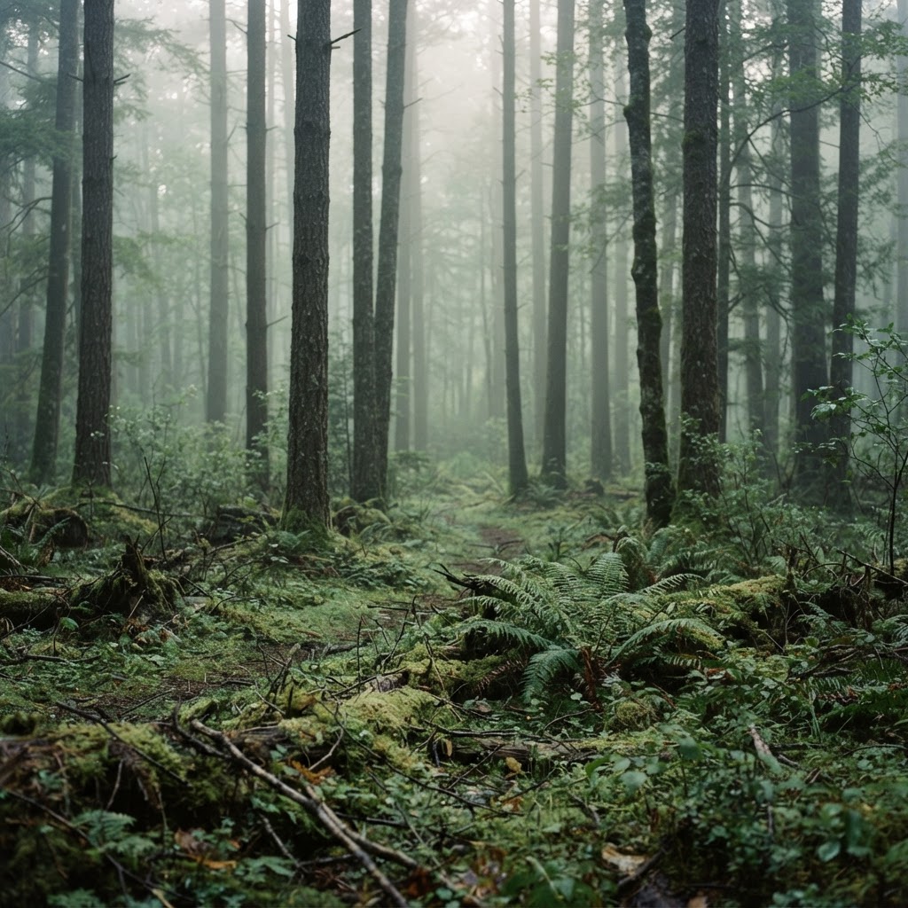 Soft morning light filtering through tall forest trees onto a mossy forest floor, evoking calm and stillness