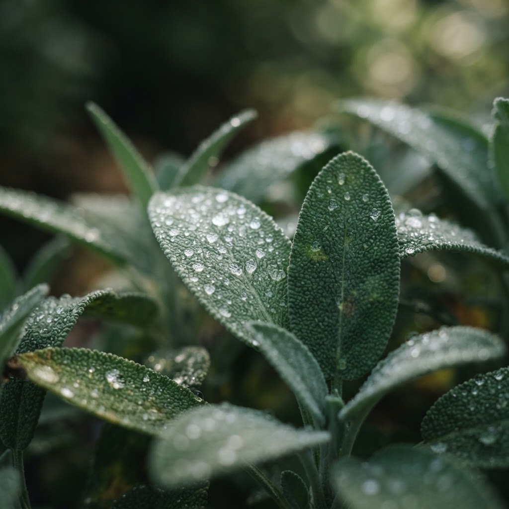 Soft close-up of dew-covered green leaves in early morning light, evoking stillness and presence