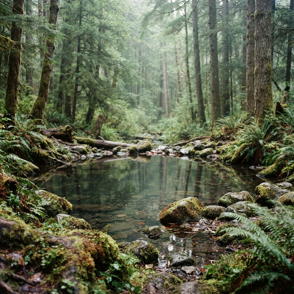 Soft morning light filtering through green leaves over a still forest pool, evoking stillness and calm presence