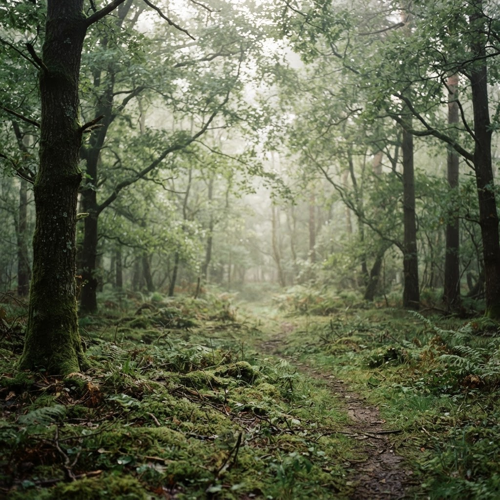 Soft morning light filtering through green forest leaves above a still mossy ground, evoking calm and quiet presence