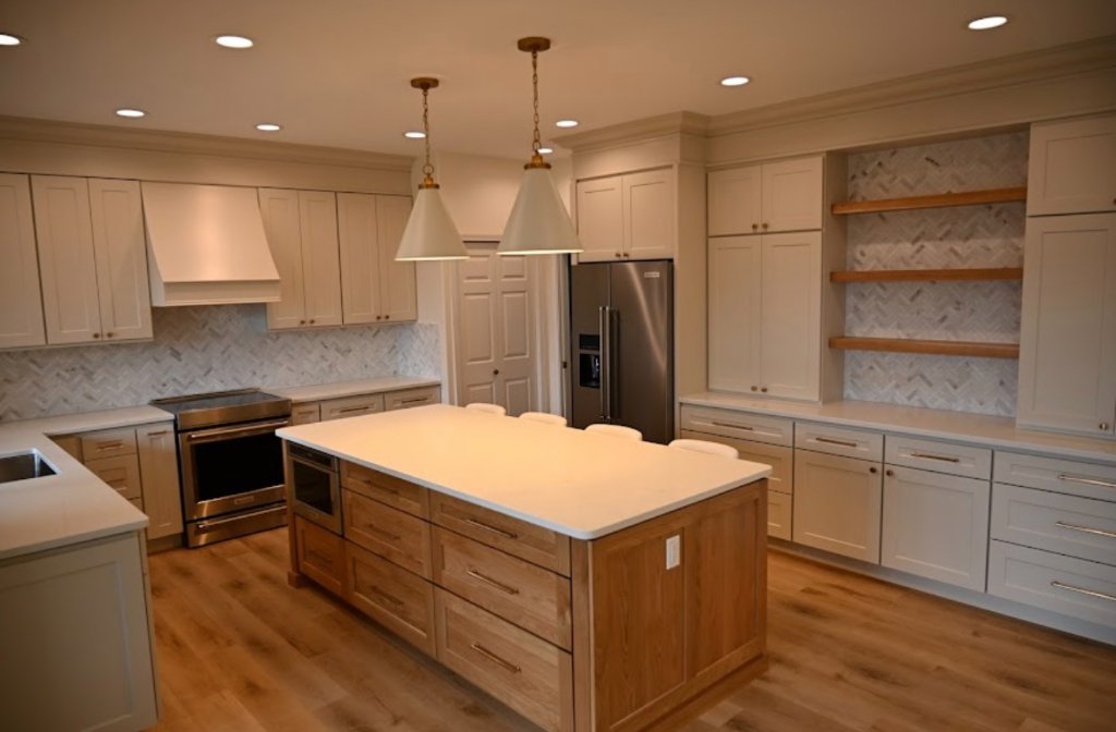 Kitchen Remodel - Cream Cabinets Wood Island