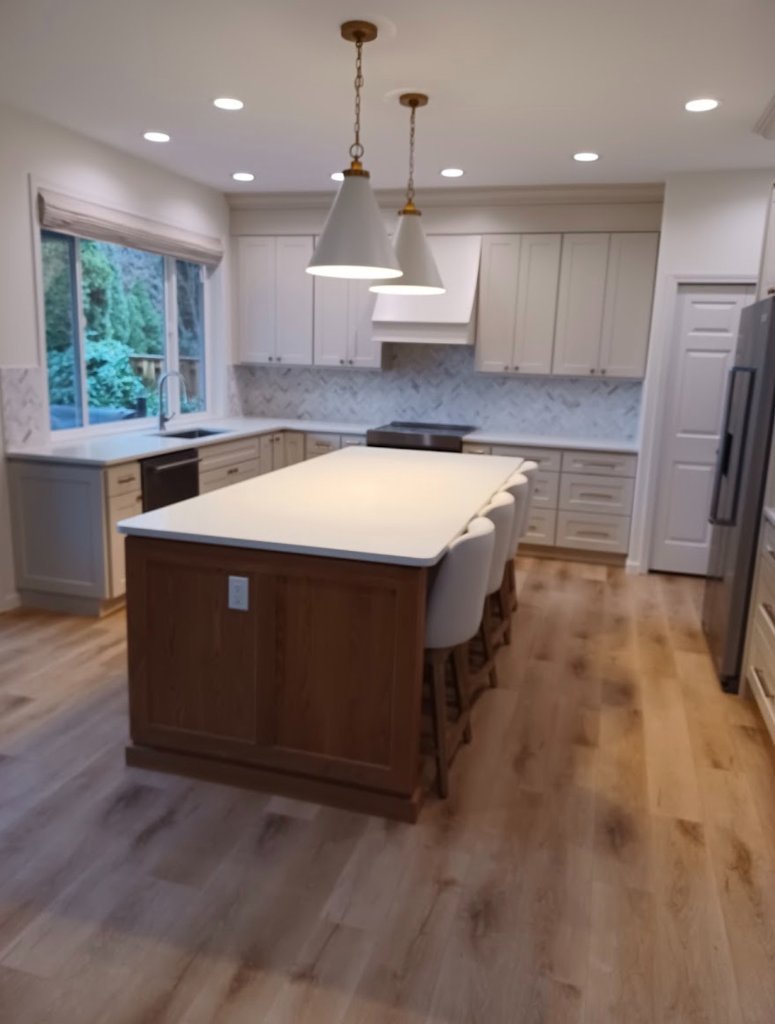 Kitchen Remodel - White Cabinets Wood Island Seating