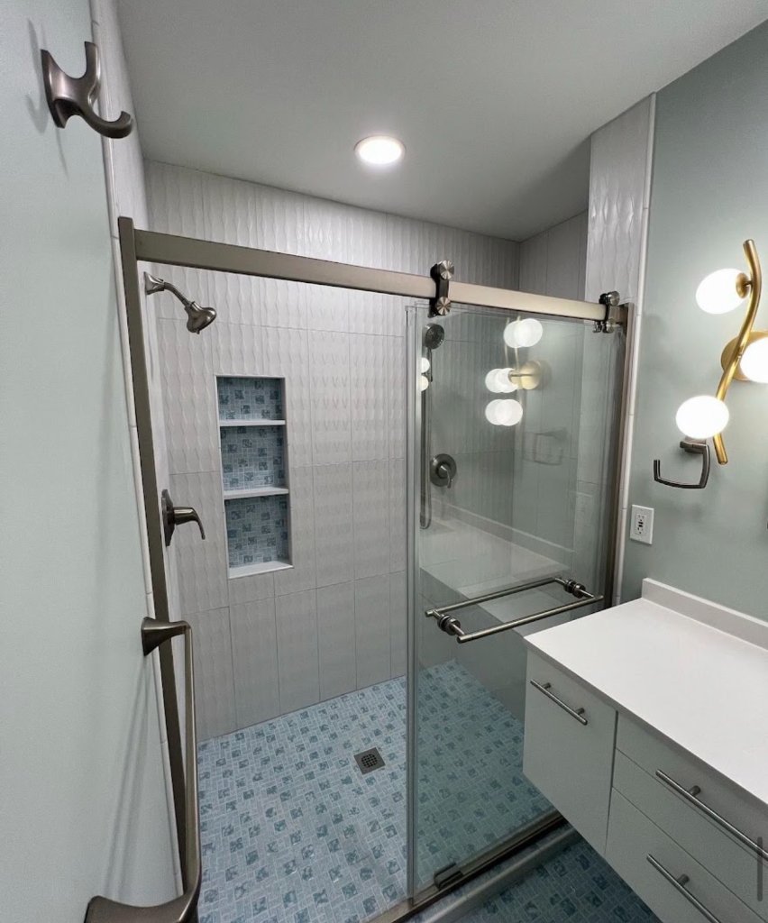 Bathroom Remodel - Blue Tile Shower Glass Door