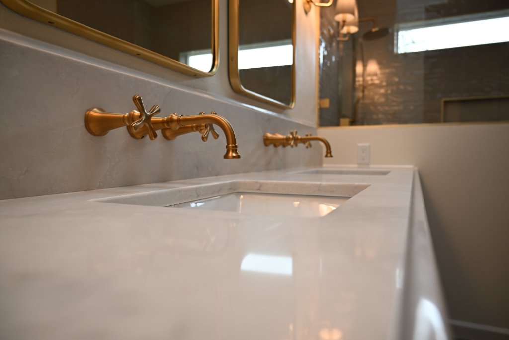 Bathroom Remodel - Gold Fixtures Brown Vanity
