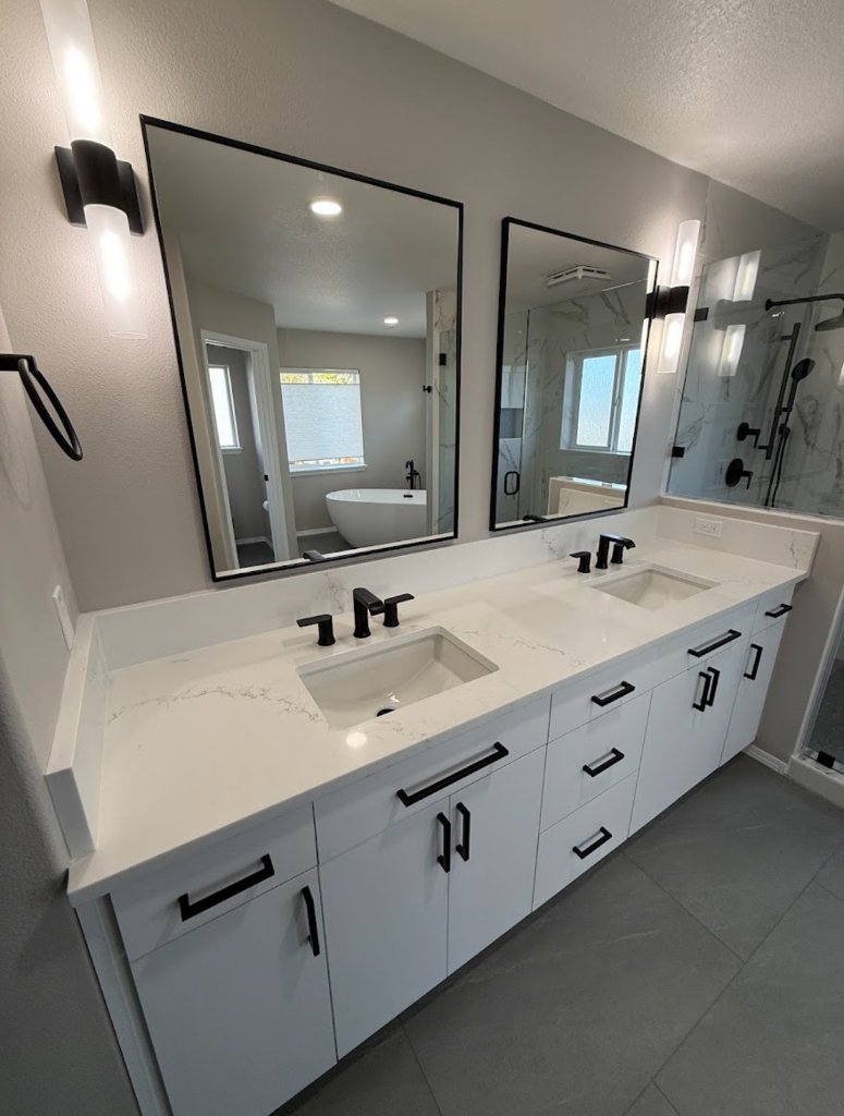 Bathroom Remodel - White Double Vanity Black Fixtures