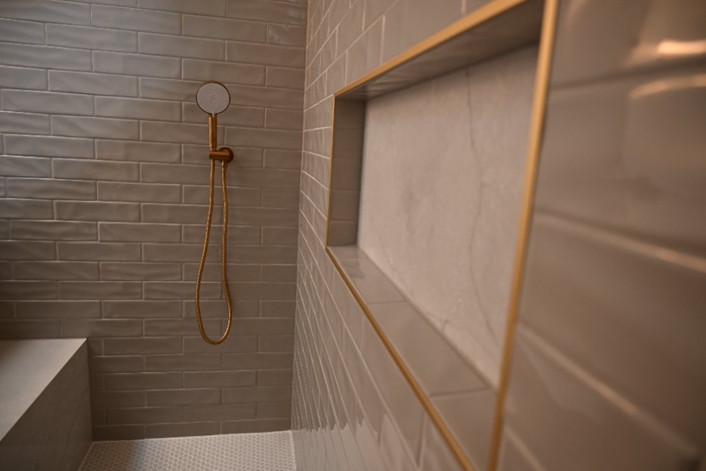 Bathroom Remodel - Gold Faucet Marble Countertop