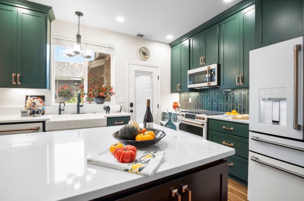 Kitchen Remodel - Green Cabinets White Appliances