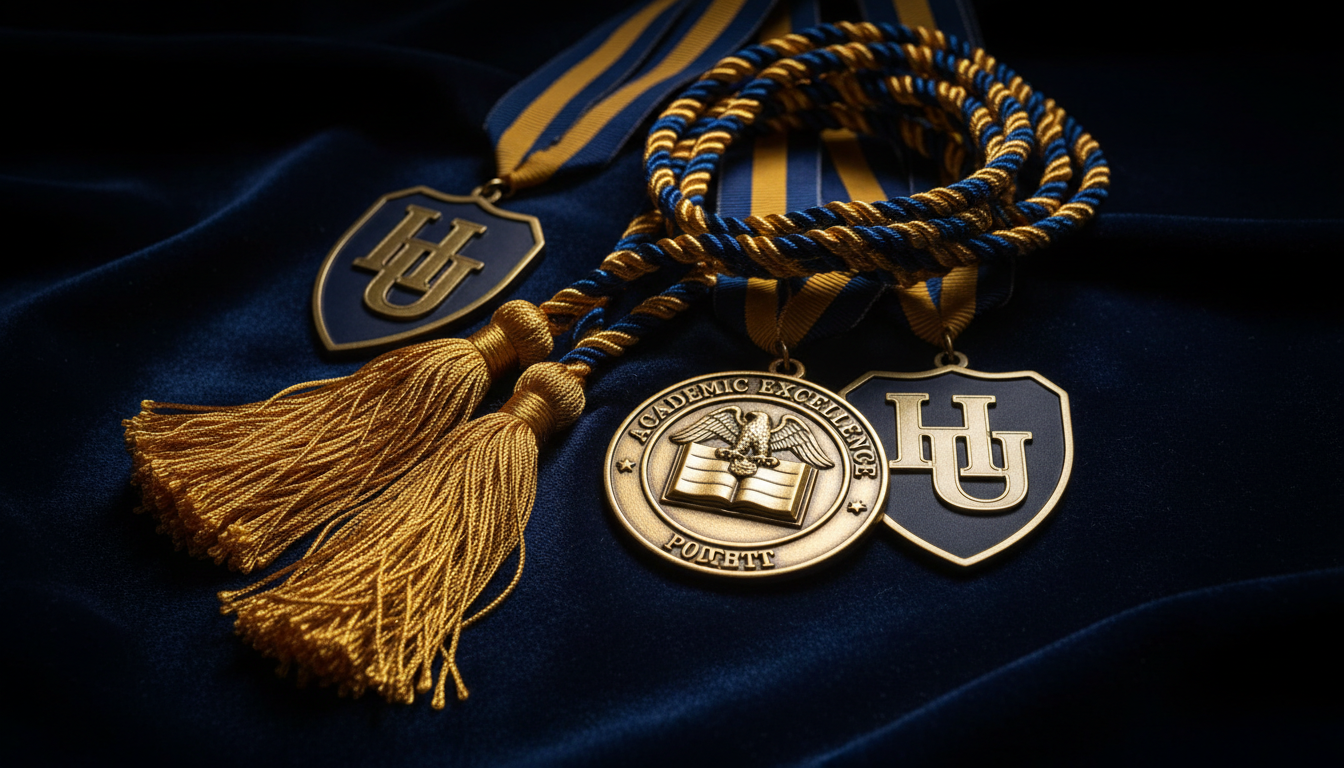 Gold and navy graduation honor cords and medals on dark velvet