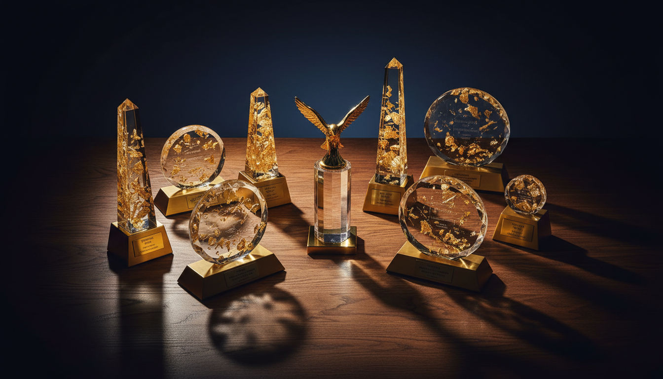Premium crystal awards and golden trophies with dramatic studio lighting