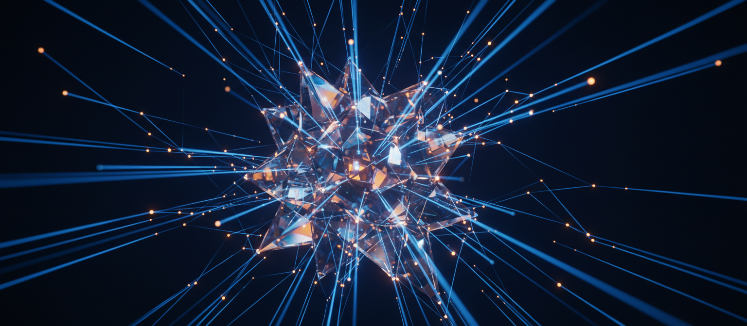 Abstract refractive glass art with blue and amber light trails