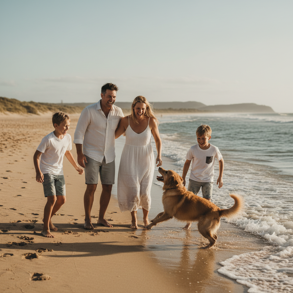 Trainer and dog sharing a moment of connection at the beach