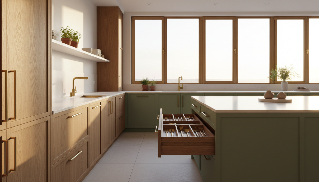 A pristine, sunlight-drenched modern kitchen with perfectly organized drawers