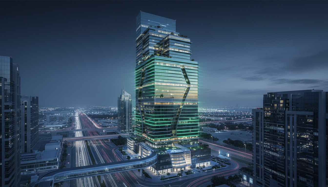 Futuristic skyscraper at dusk