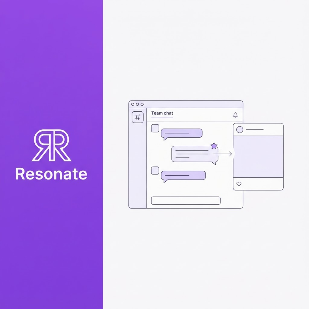 Line-art illustration of a team chat channel with a flagged message flowing into a LinkedIn post card, with Resonate branding