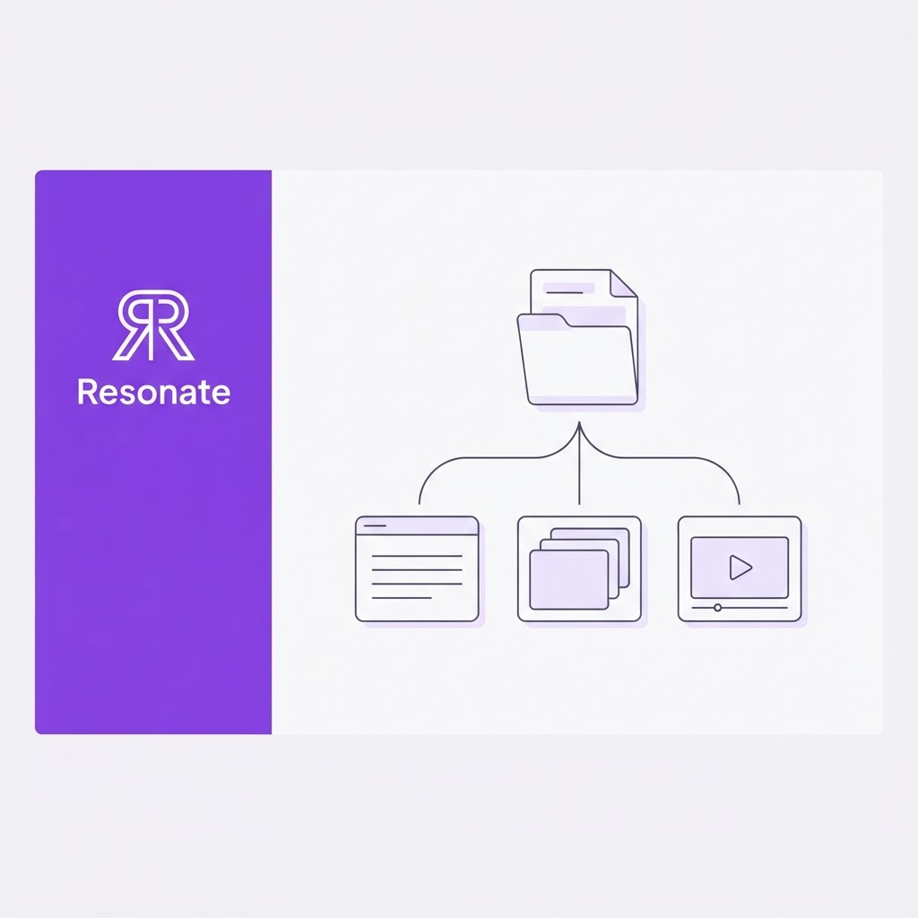 Line-art illustration of one source document branching into a text post, a carousel, and a video asset in a funnel shape, with Resonate branding