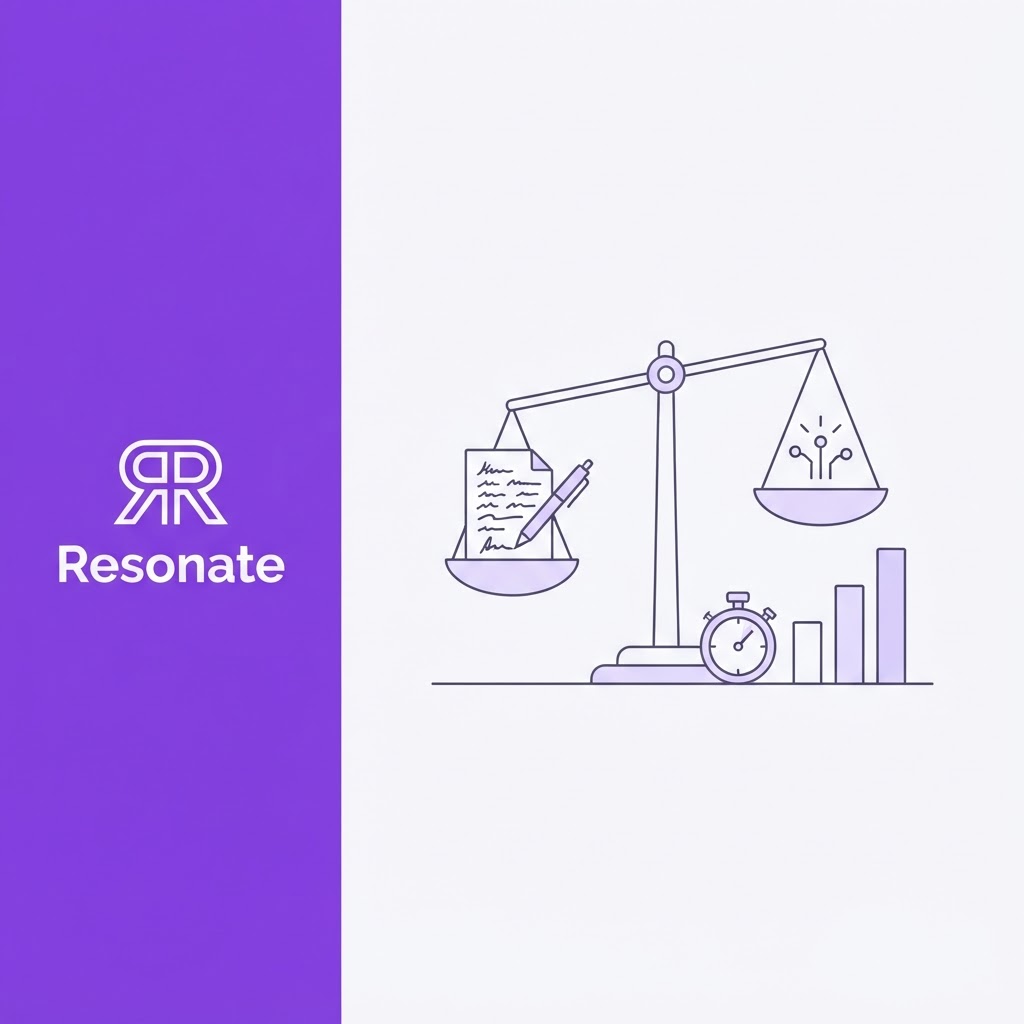 Line-art illustration of a balance scale weighing a handwritten page against an AI spark, with a stopwatch and rising bar chart, with Resonate branding