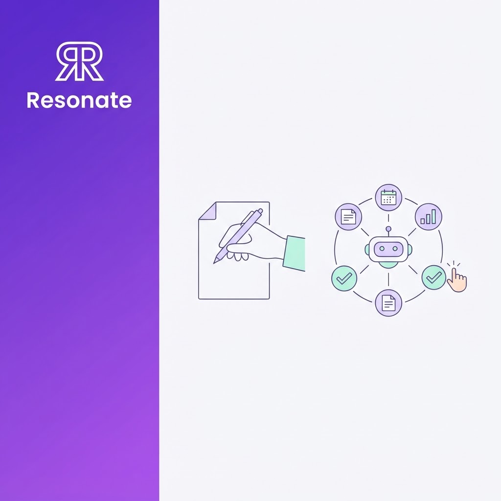 Line-art illustration contrasting a pen writing one draft with an AI agent looping through tools and a human approval check, with Resonate branding