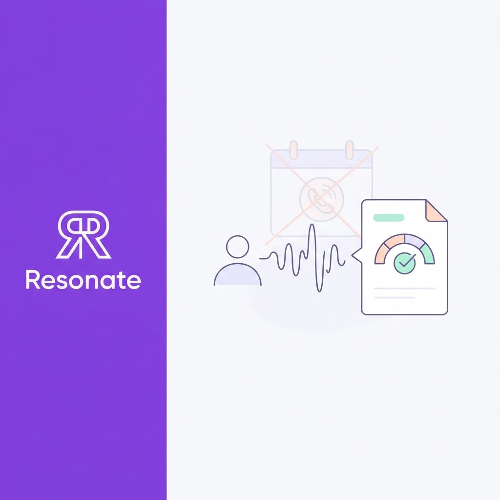 Line-art illustration of a founder's voice flowing into a draft with a voice-match check, with a recurring interview call crossed out and Resonate branding