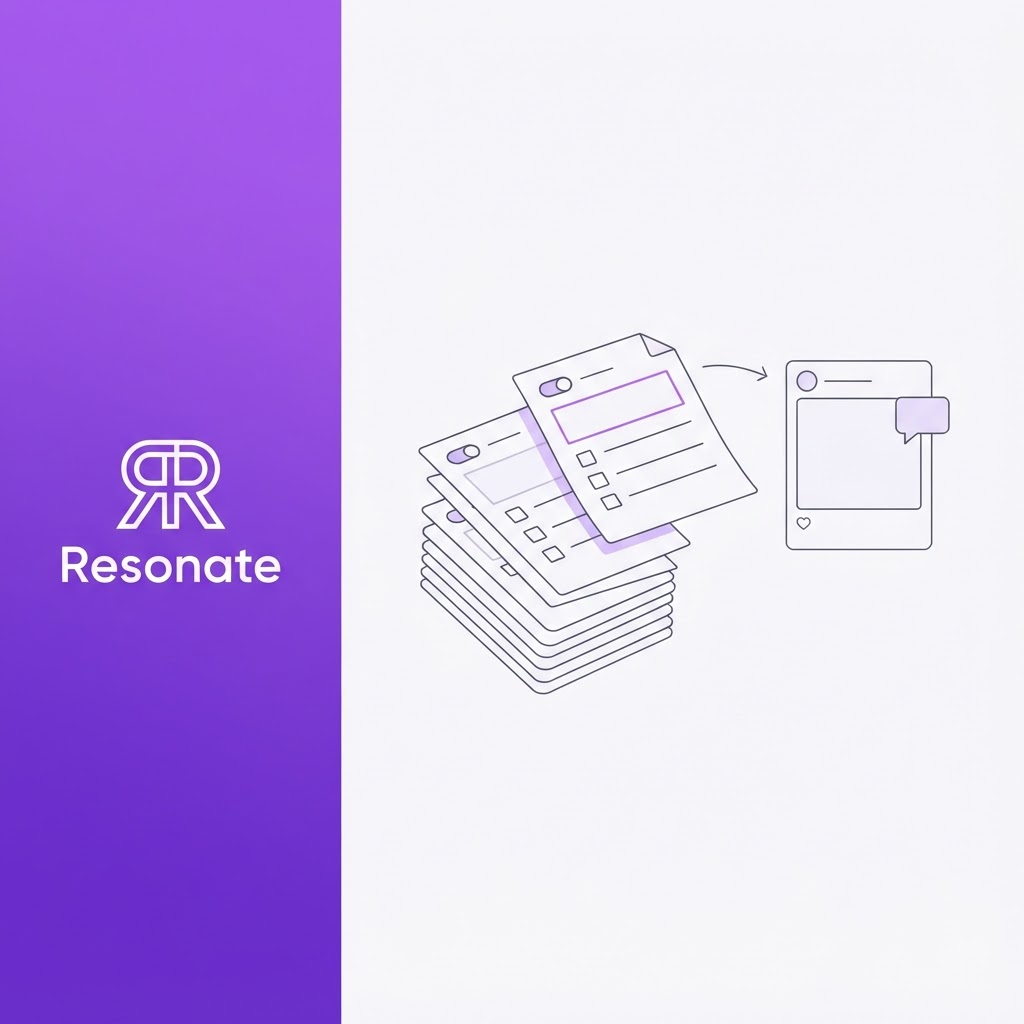Line-art illustration of Notion-style document pages turning into a LinkedIn post card, with Resonate branding