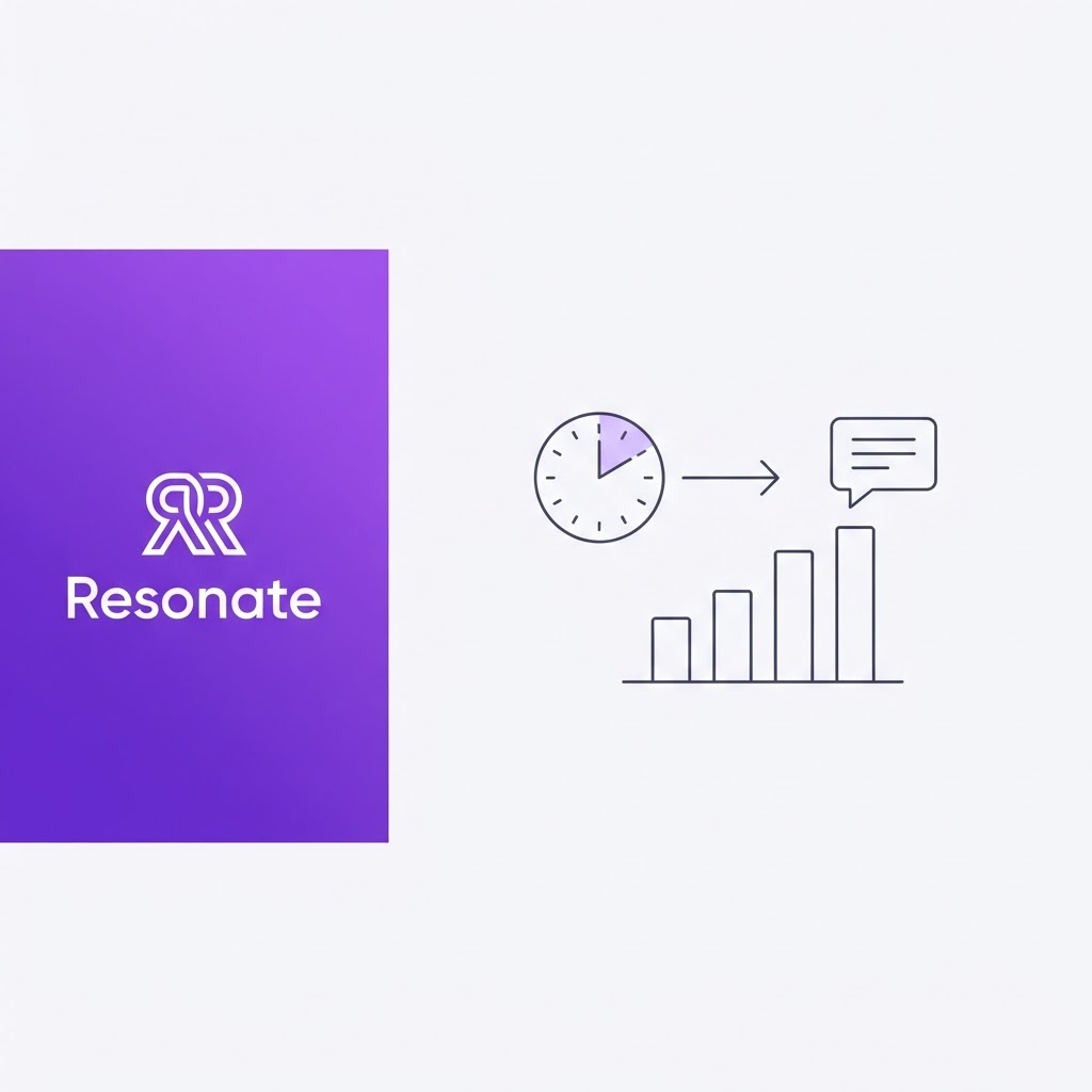 Line-art illustration of a clock with a ten-minute wedge linked to a rising bar chart and a conversation bubble, with Resonate branding