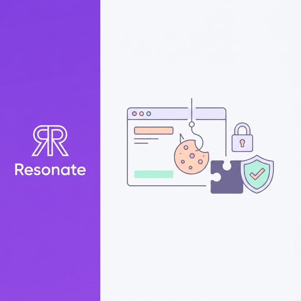 Line-art illustration of a session cookie being pulled from a browser by an extension, beside a padlock and shield for an official connection, with Resonate branding