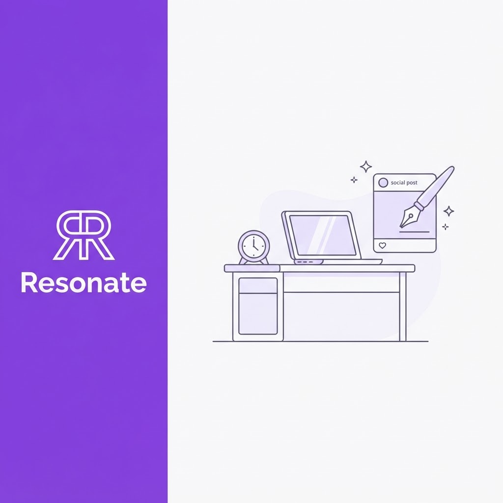 Line-art illustration of a founder's desk with a pen drafting a LinkedIn post, with Resonate branding