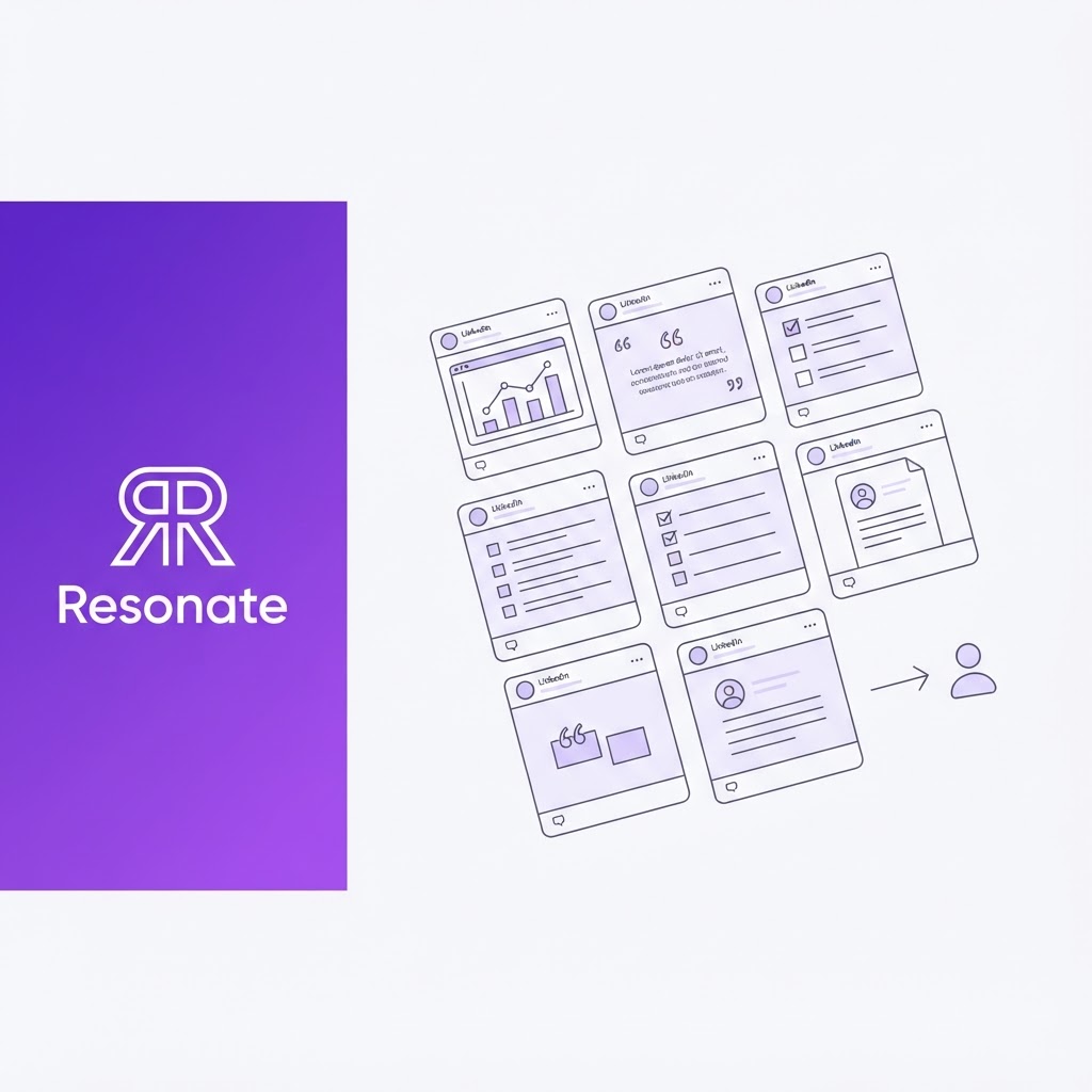 Line-art illustration of nine LinkedIn post formats converting into a qualified lead, with Resonate branding