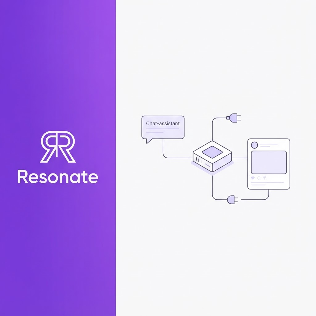 Line-art illustration of an MCP server hub connecting an AI assistant to a LinkedIn post card, with Resonate branding