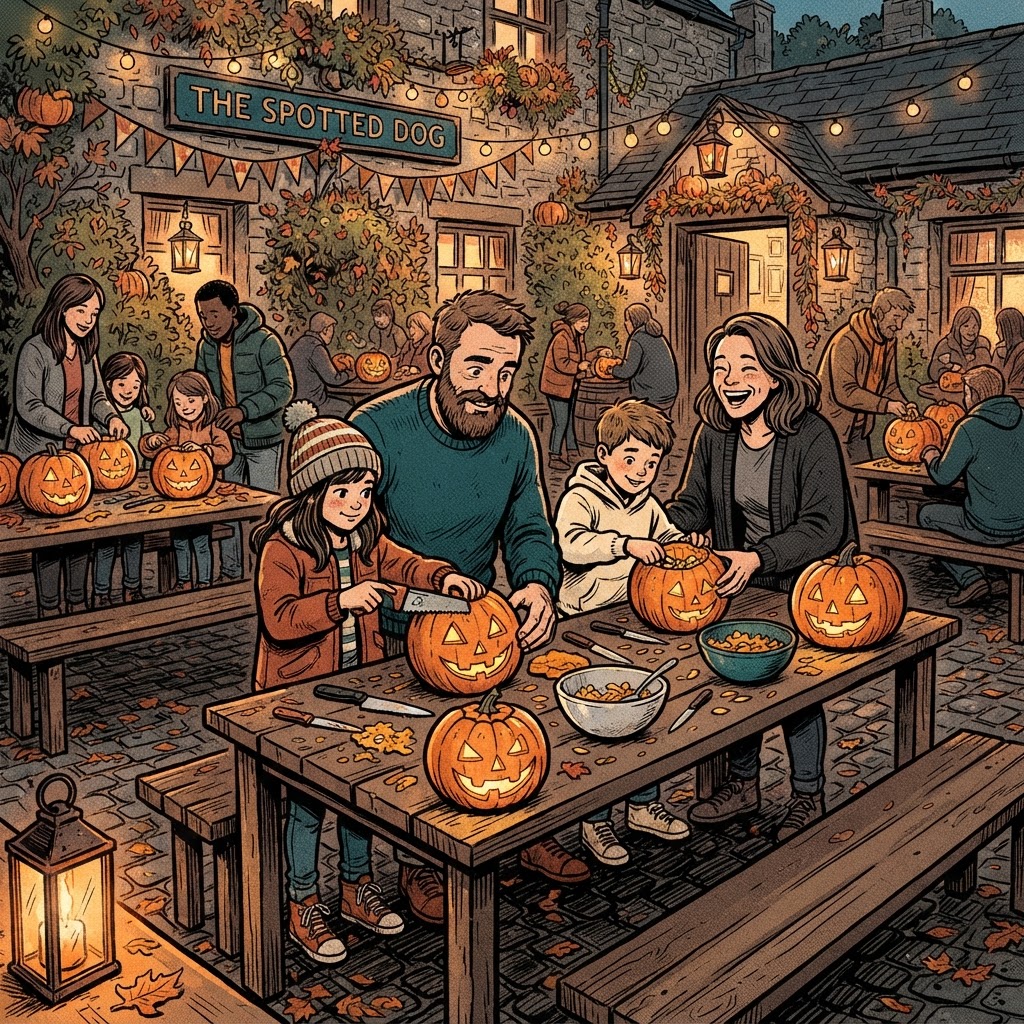 Graphic novel illustration of families carving pumpkins at a pub courtyard