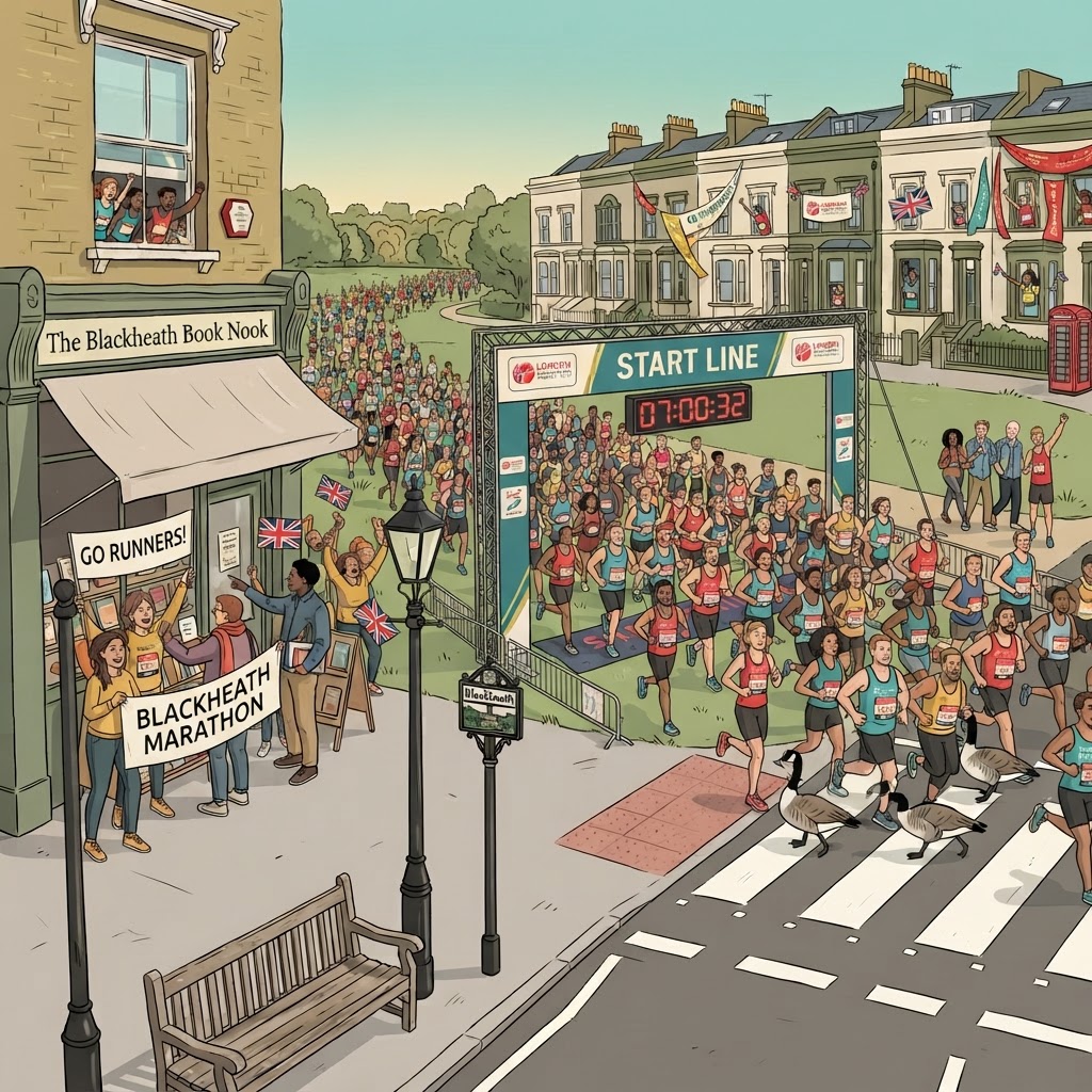 Illustration of the London Marathon start line on Blackheath