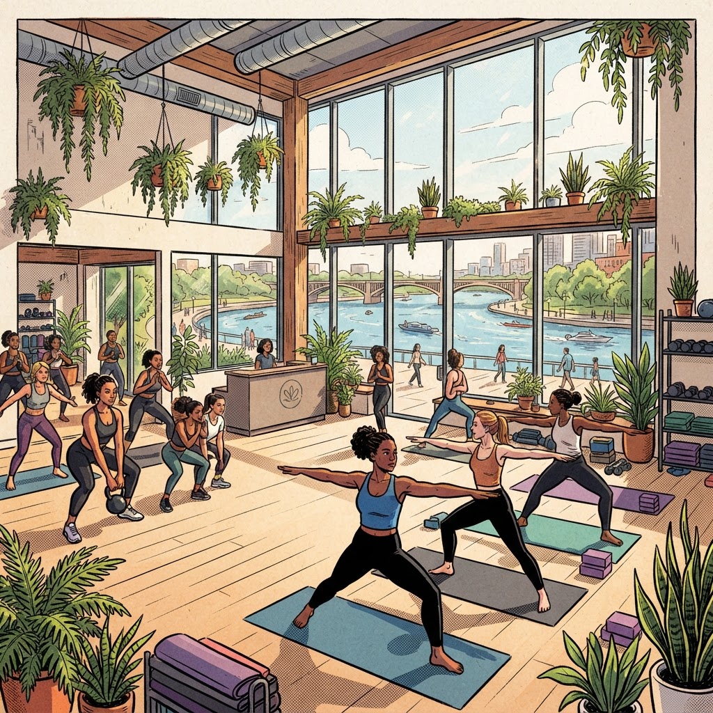Graphic novel illustration of the Gather wellbeing studio interior