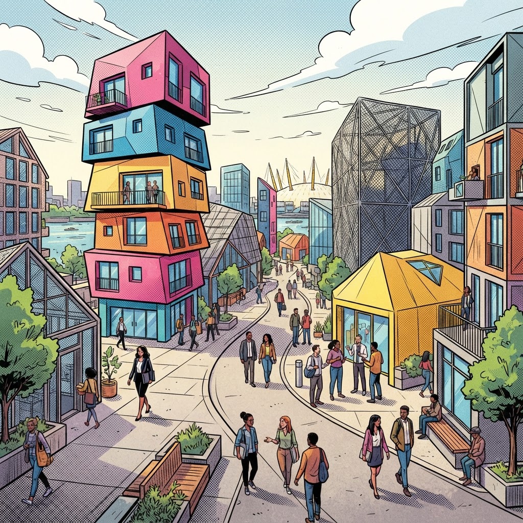 Graphic novel illustration of the Design District pavilions at Greenwich Peninsula