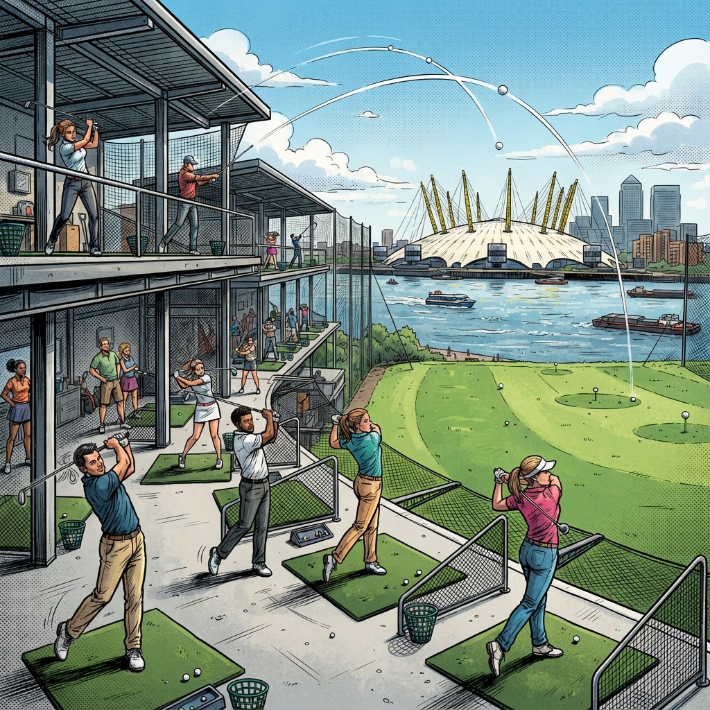 Graphic novel illustration of the golf driving range along the Thames