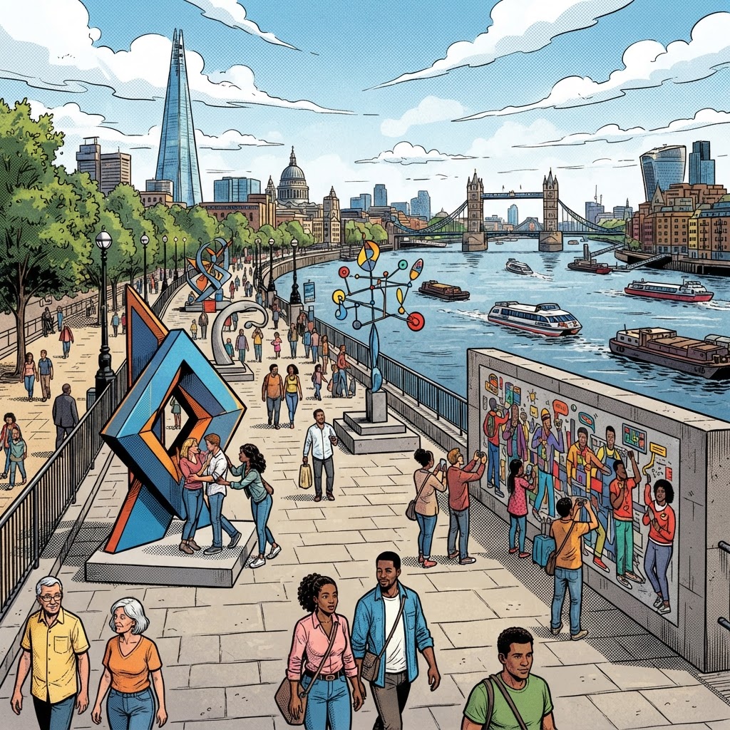 Graphic novel illustration of the IFS Cloud Cable Car crossing the Thames
