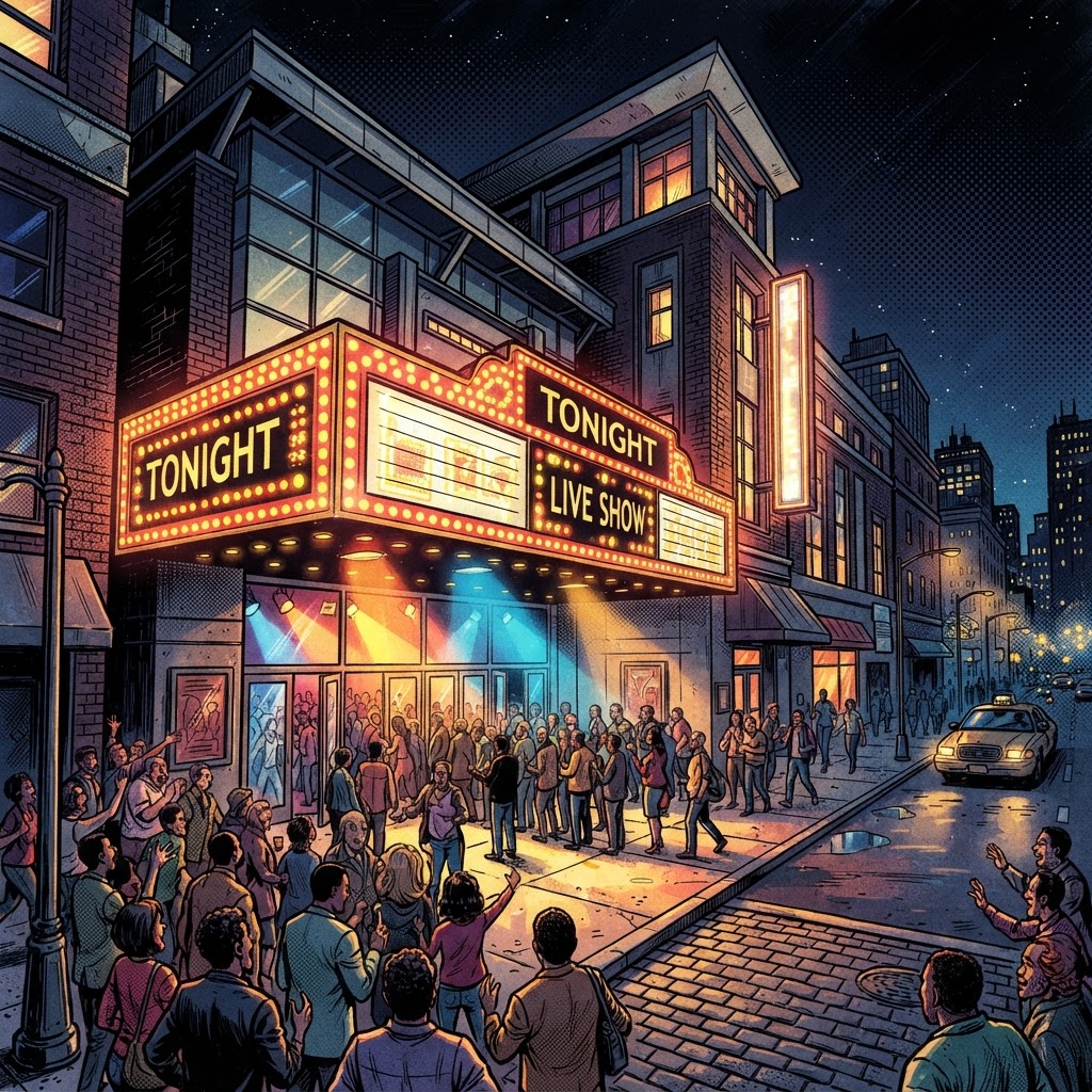 Graphic novel illustration of the Troubadour Theatre with a lit marquee