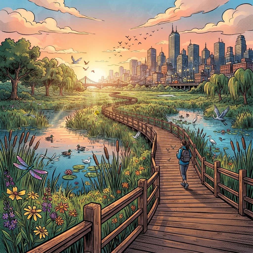 Graphic novel illustration of the Greenwich Peninsula Ecology Park wetlands