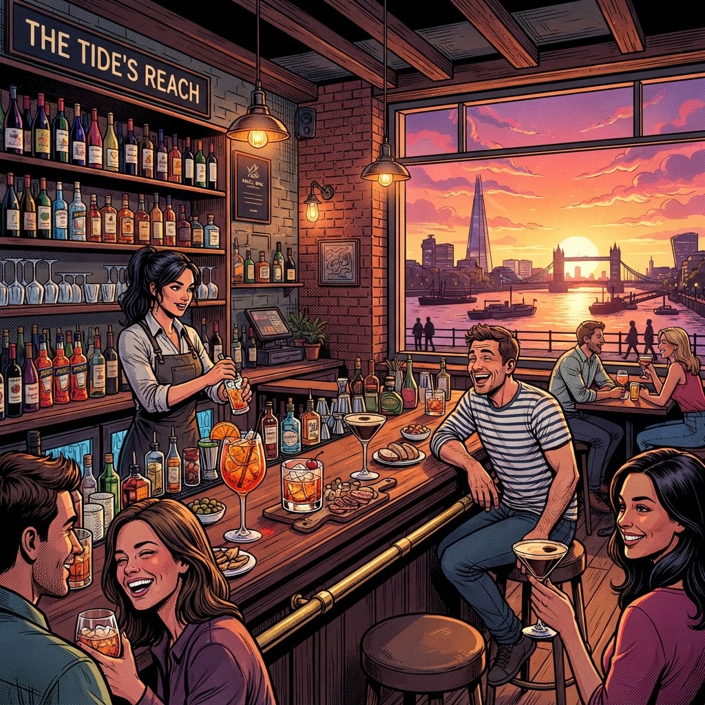 Graphic novel illustration of Caspino riverside cocktail bar