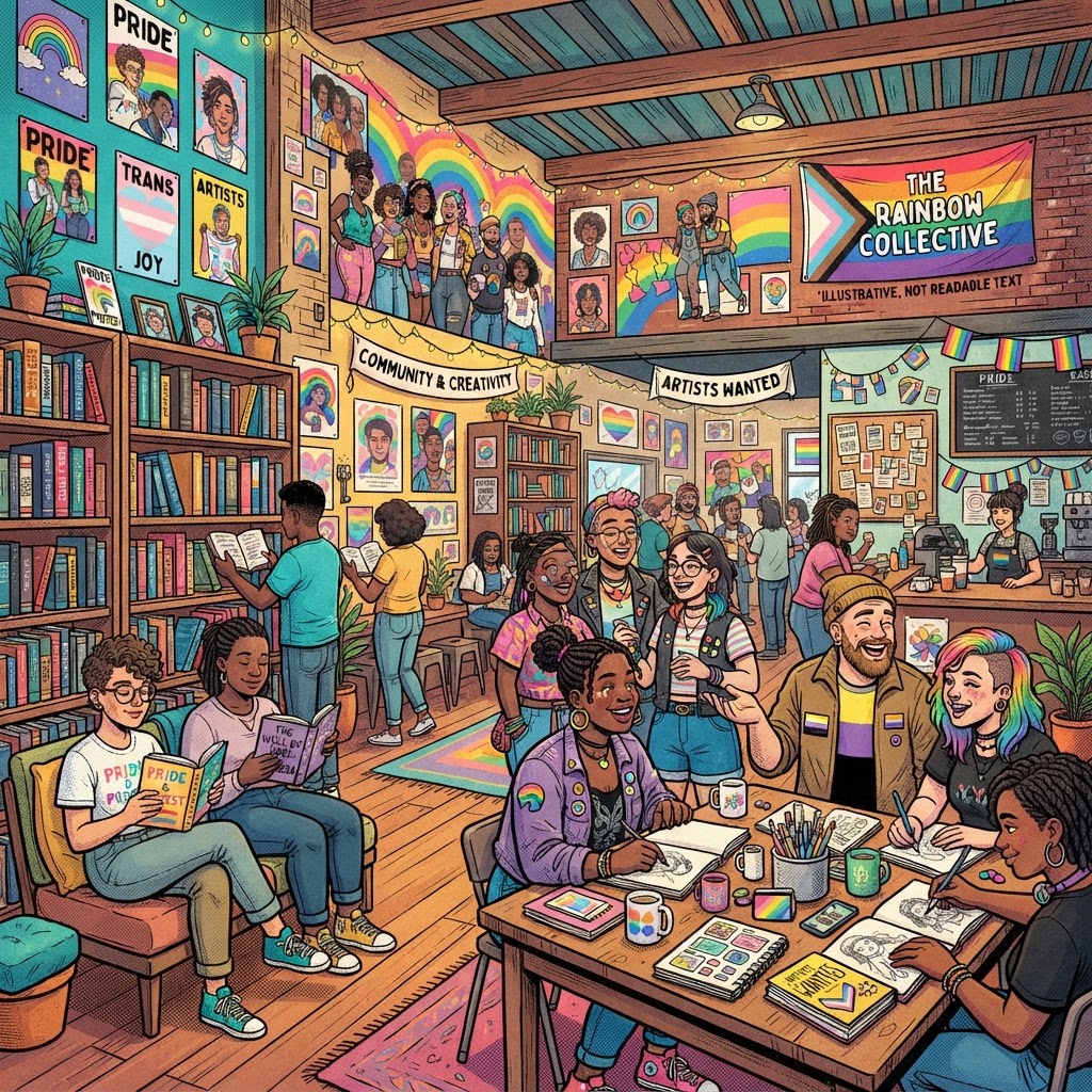 Graphic novel illustration of the QUEERCIRCLE community arts space
