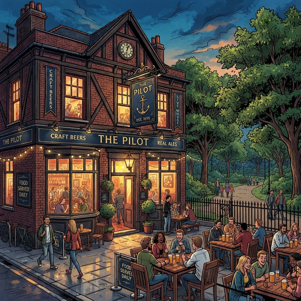 Graphic novel illustration of The Pilot pub beside Central Park