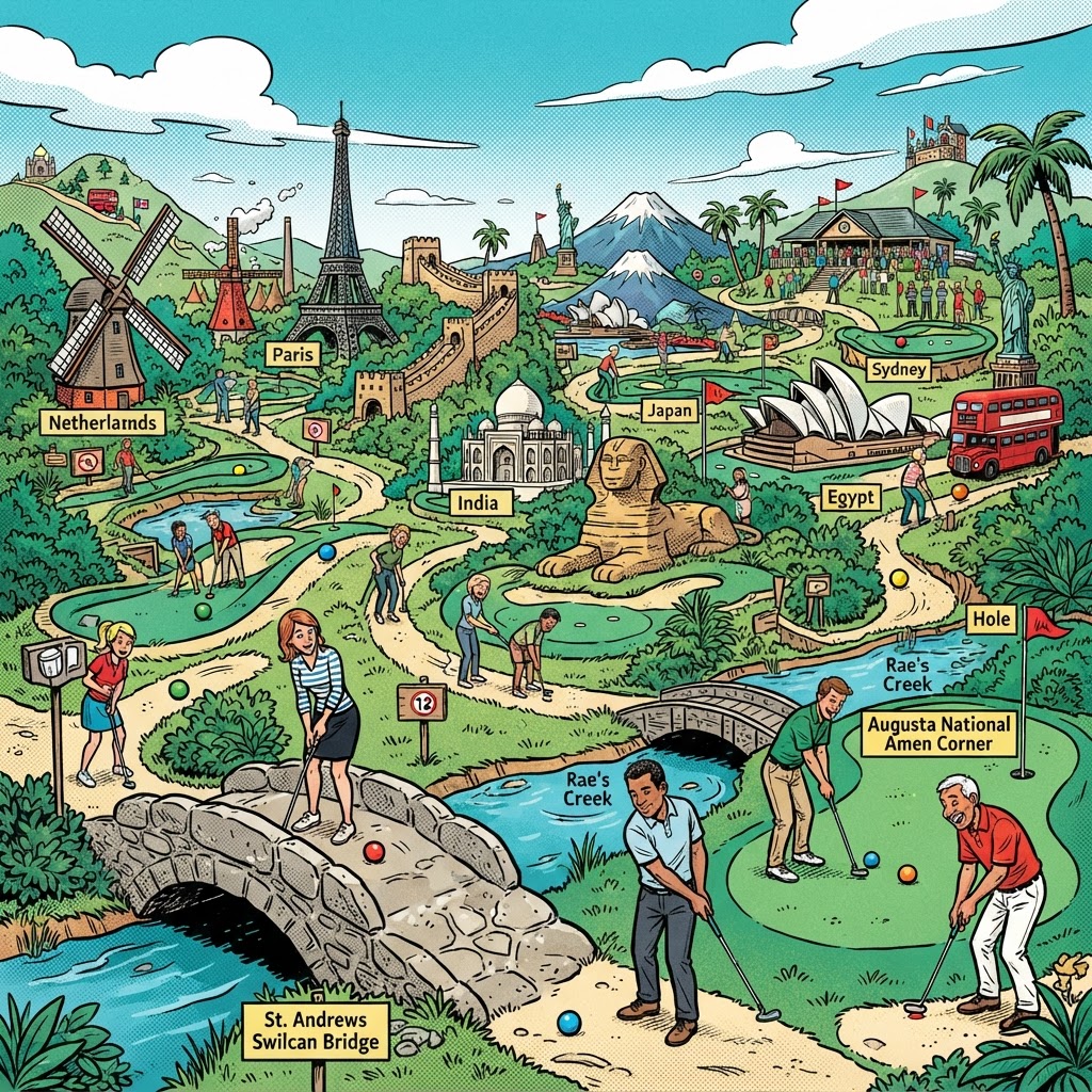 Graphic novel illustration of the Crazy Putt adventure golf course