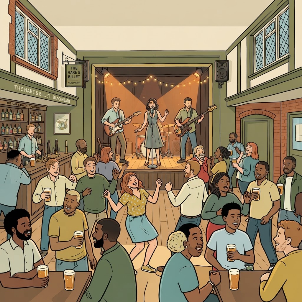 Illustration of a live band performing at a Blackheath pub