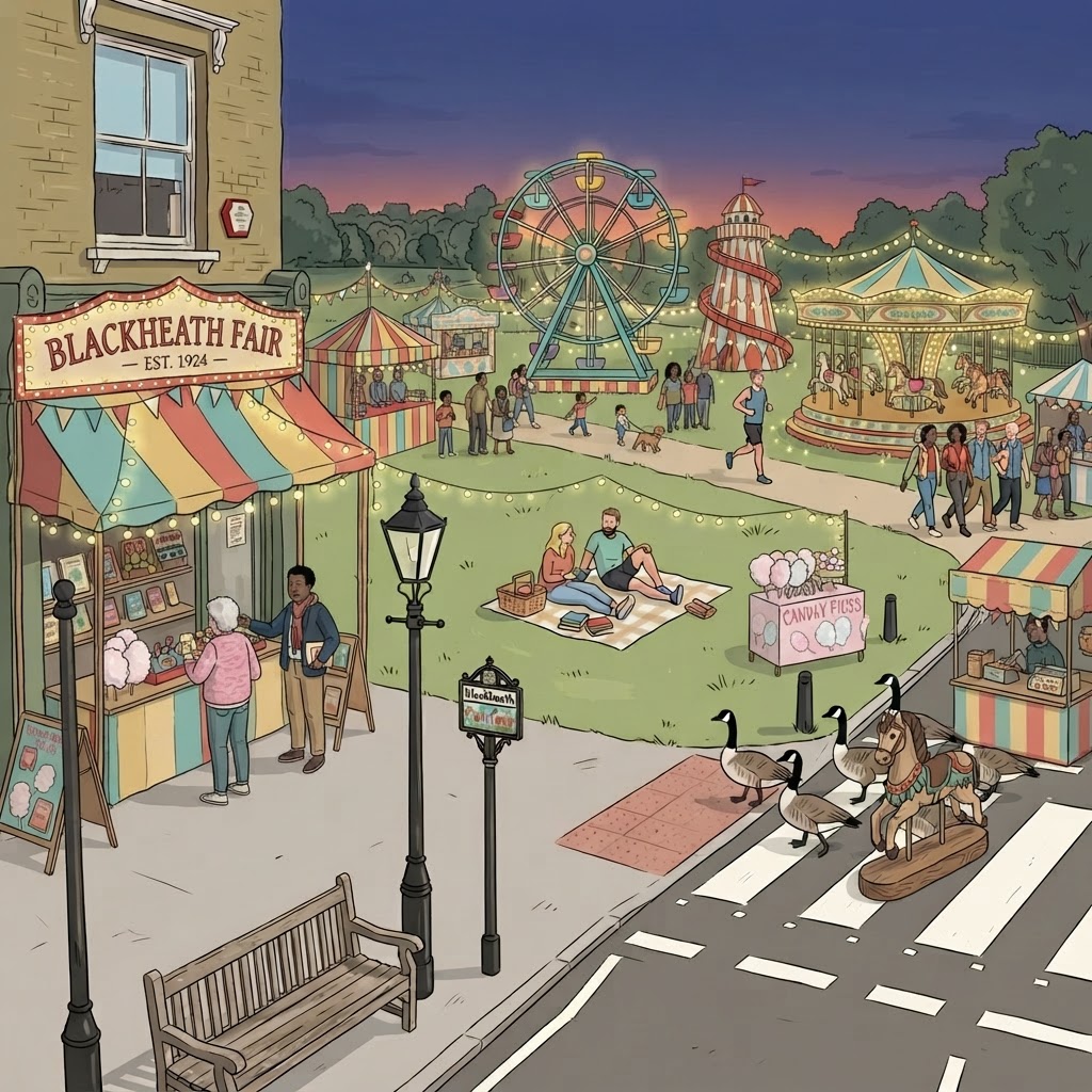 Illustration of a funfair on Blackheath heath with a Ferris wheel and carousel