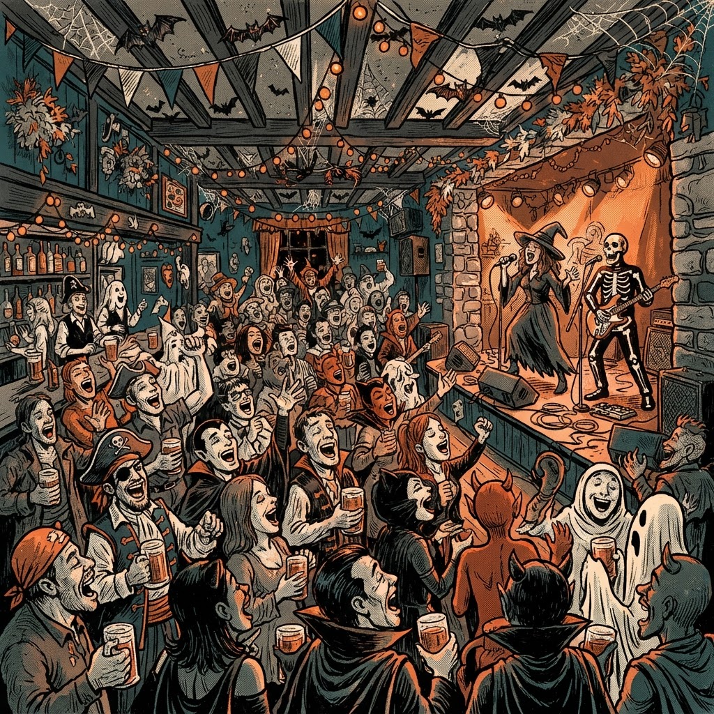Graphic novel illustration of a Halloween sing-a-long night in a historic pub